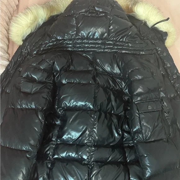 SAM’S Woman Coat Shiny Black Puffer Jacket with Faux Fur Hood - Picture 3 of 3
